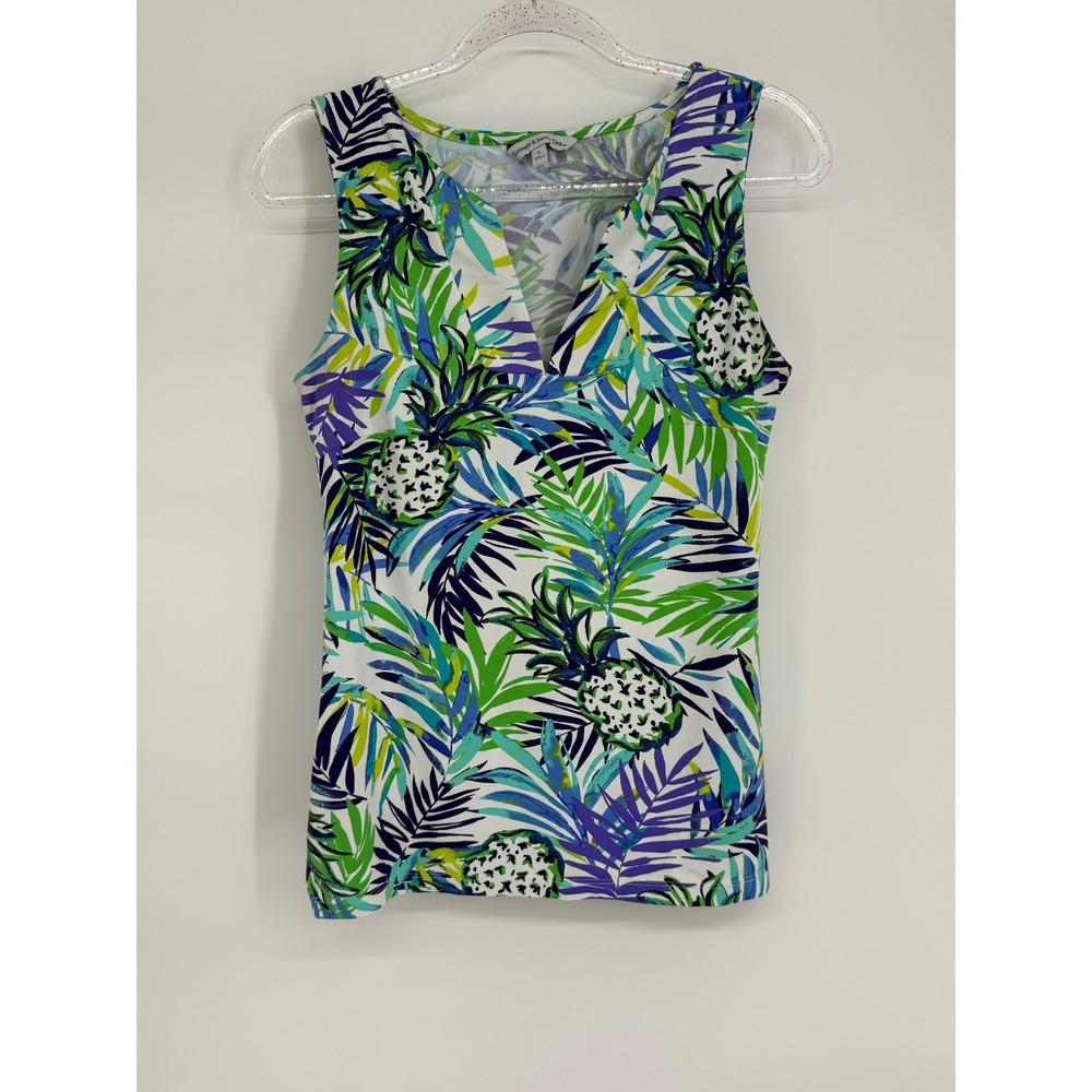 Sunsets & Sweet Tea Womens Sz S Pineapple Tropical Palm V-Neck Sleeveless Top
